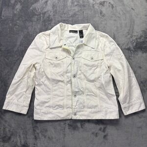 DKNY Jeans White Denim Jacket Womens L Trucker Button Front Cotton Casual
